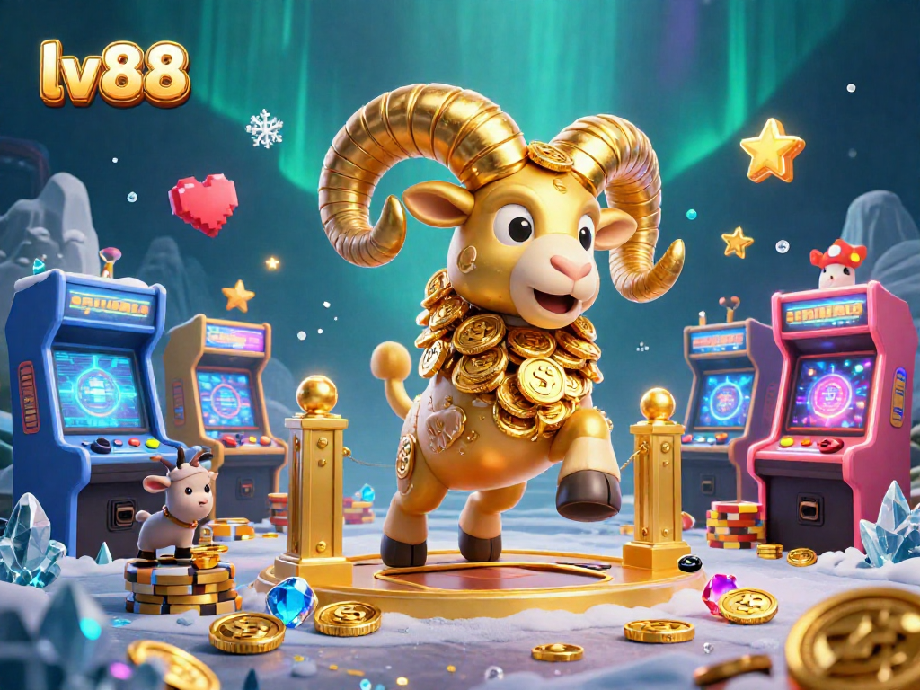 Experience the action with lv88's vibrant 3D casino illustration featuring a golden ram charging through game machines.