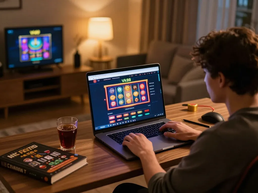 Engaging in online casino gaming at the Website Vk88 with vibrant slot machines on screen.