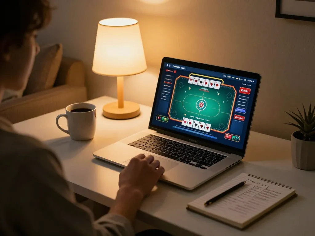 Player immersed in online poker on tg88.com from a comfortable home setup with strategy notes.