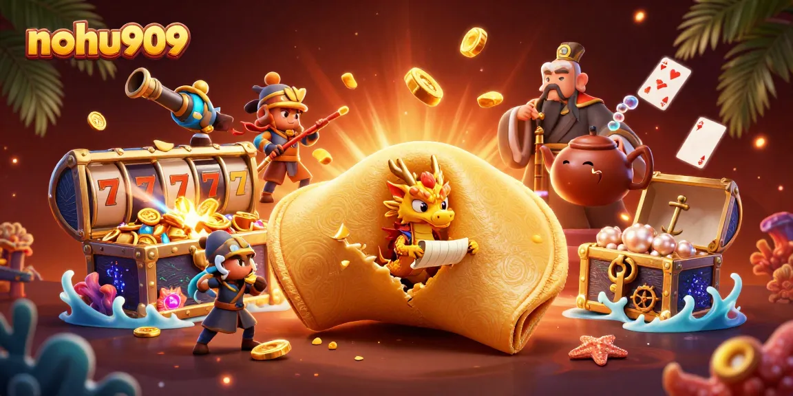 Experience thrilling slots at nohu909 with a vibrant 3D casino illustration showcasing dynamic characters.