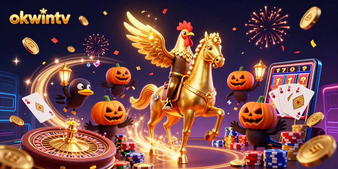 Join the excitement of okwintv with a vibrant 3D casino scene filled with gold, cards, and rich details.