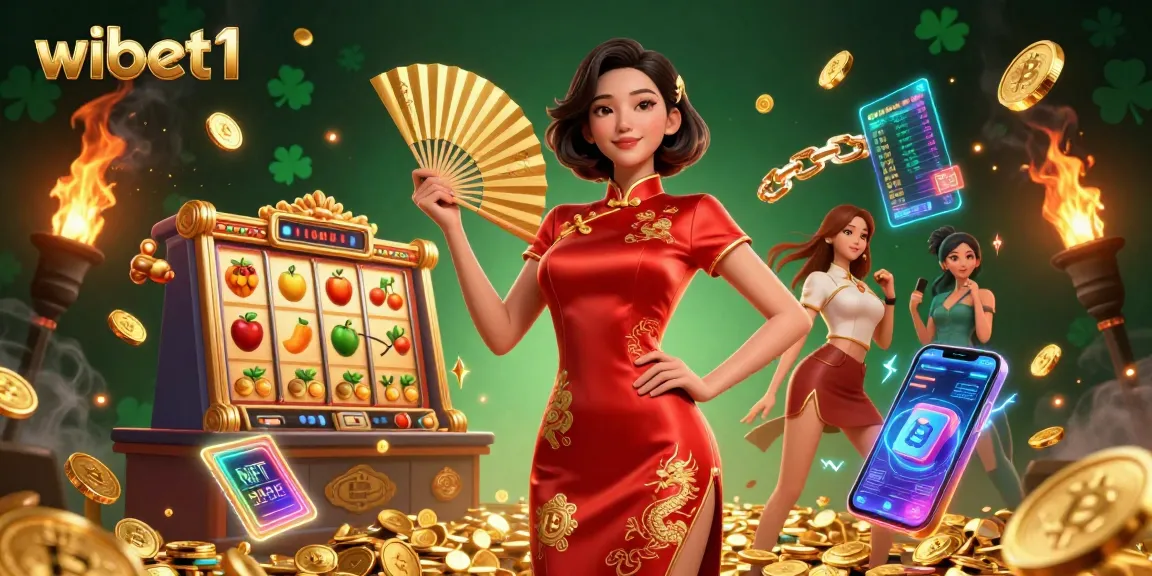 Experience thrilling gameplay with wibet1 as slot symbols and golden coins cascade around a confident Asian woman.