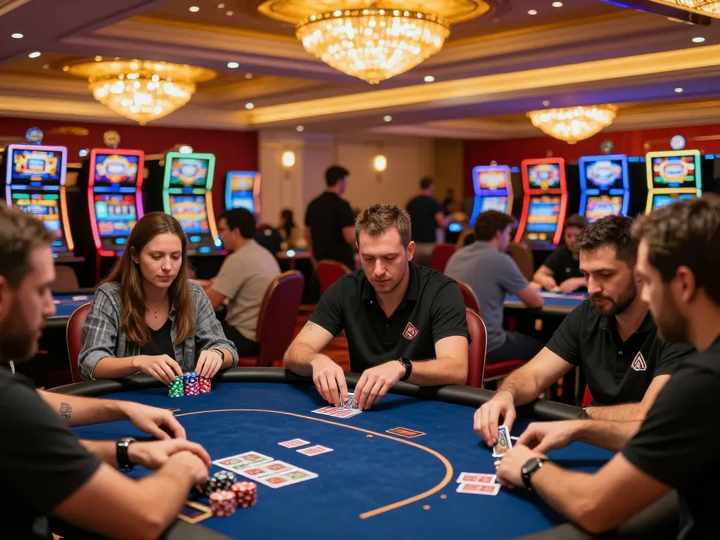 Players engage in intense poker gameplay at a luxurious casino, demonstrating strategies with fly88 brand involvement.