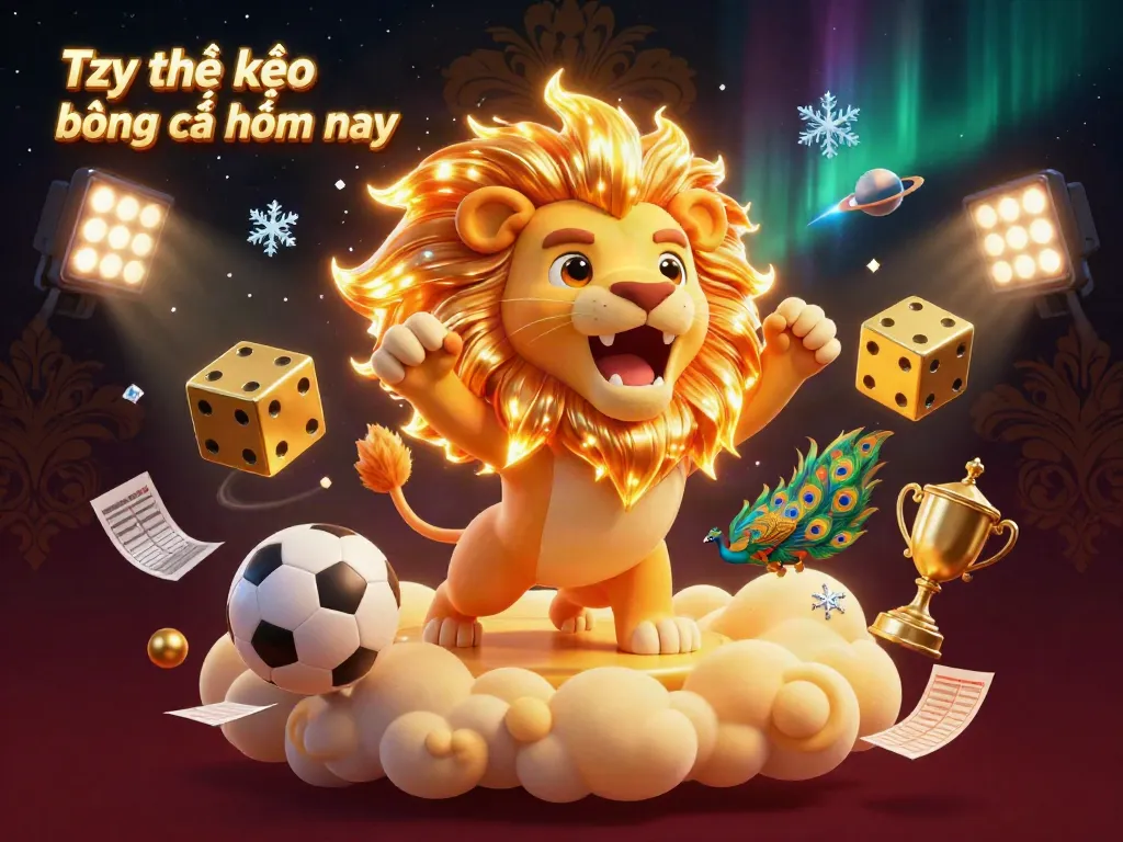 Tỷ lệ kèo bóng đá hôm nay illustrated with a roaring lion, golden dice, and excited sports symbols.