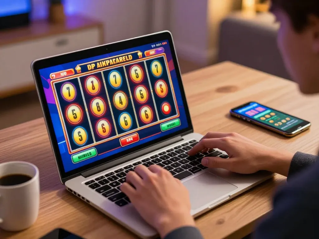 Nohu90 player engaged in online slots game with colorful reels and betting app nearby.