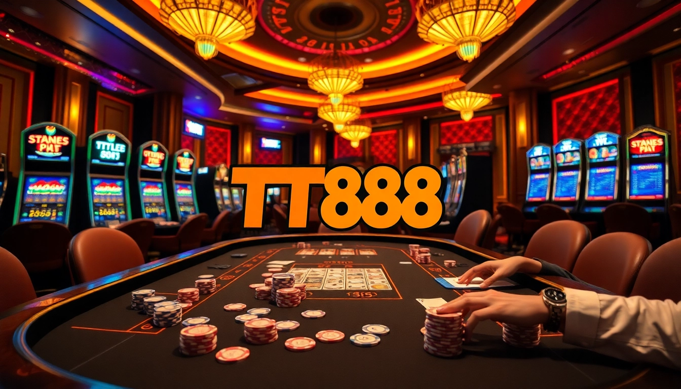 Players enjoy thrilling games at TT88's vibrant casino atmosphere filled with poker chips and slot machines.