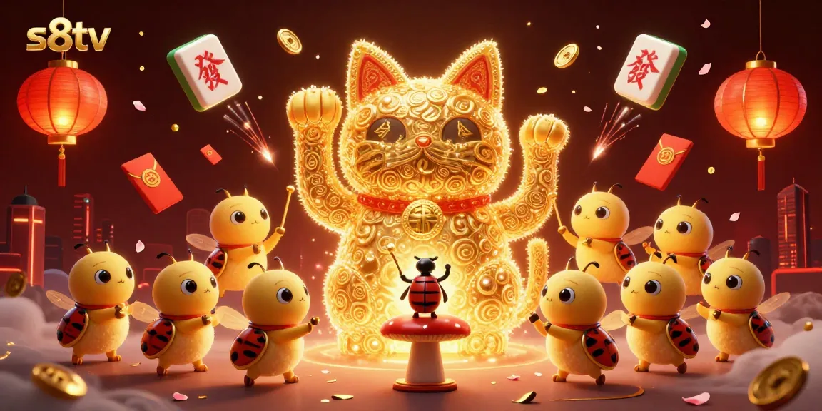 Engage with s8tv's vibrant, dynamic 3D casino illustration showcasing a lucky cat and gambling symbols.
