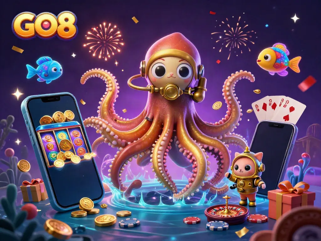 Experience the thrill of GO8 with a dynamic kraken and casino elements in an exciting underwater scene.