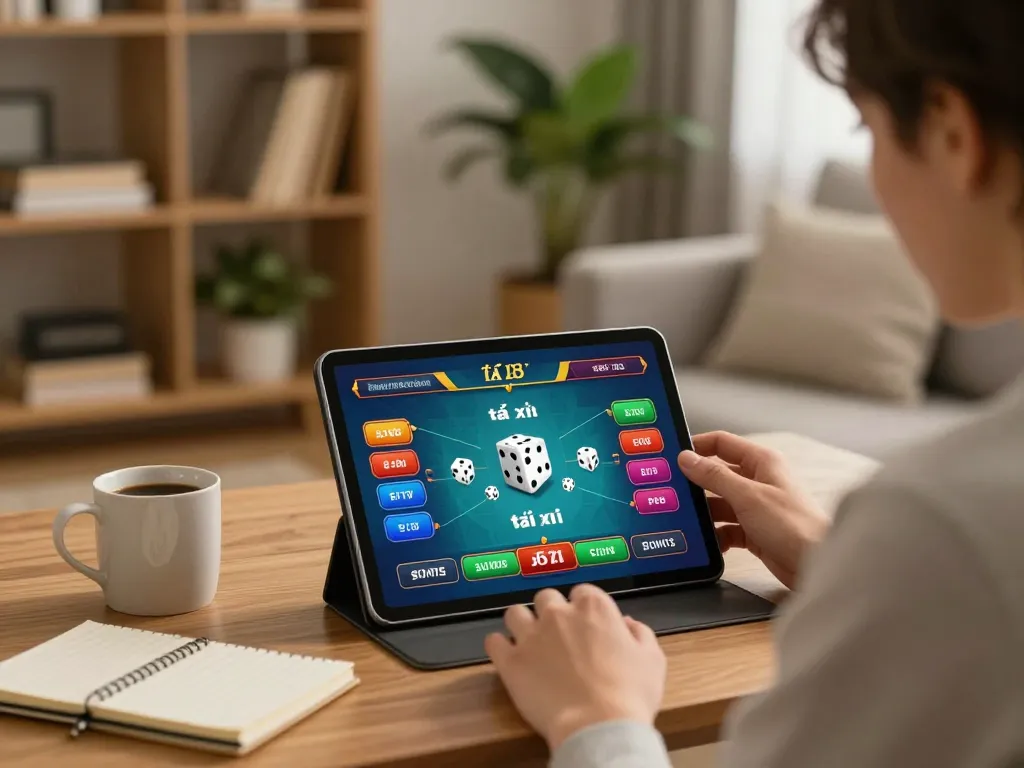 Playing tài xỉu online on a tablet at home with strategies and gaming ambiance.