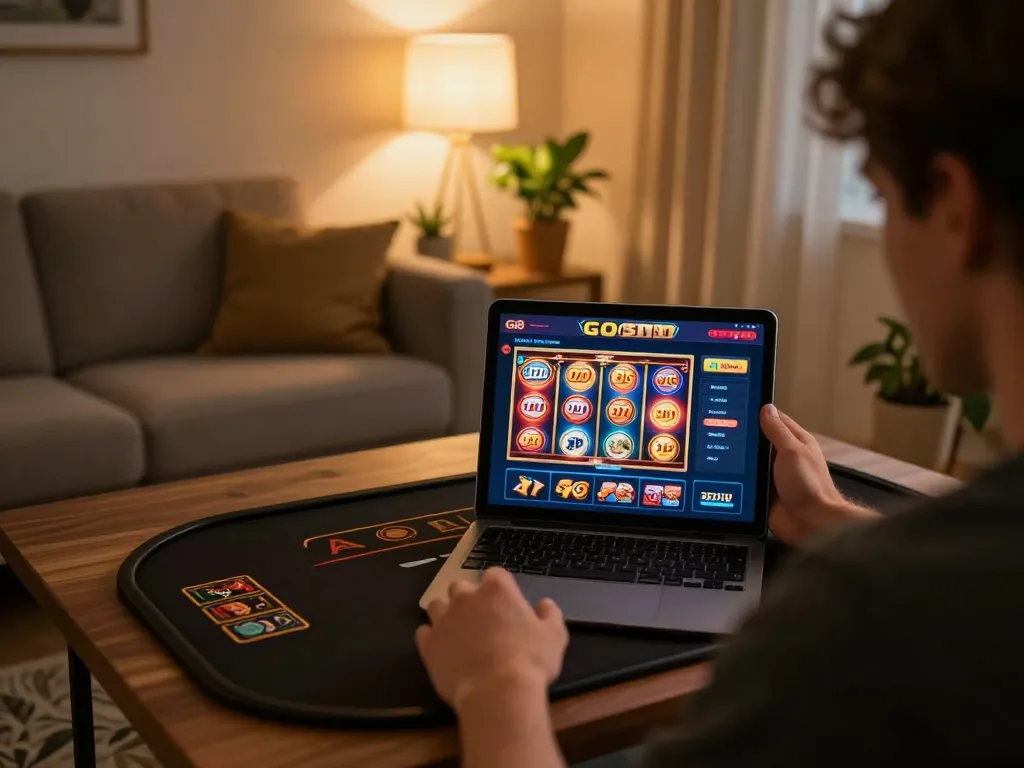 Engaging home gaming experience at GO8, featuring a player interacting with an online casino tablet.