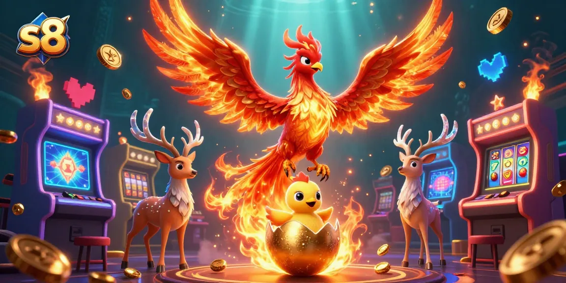 Experience thrilling gaming at s8 with a phoenix surrounded by jackpot symbols and vibrant elements.