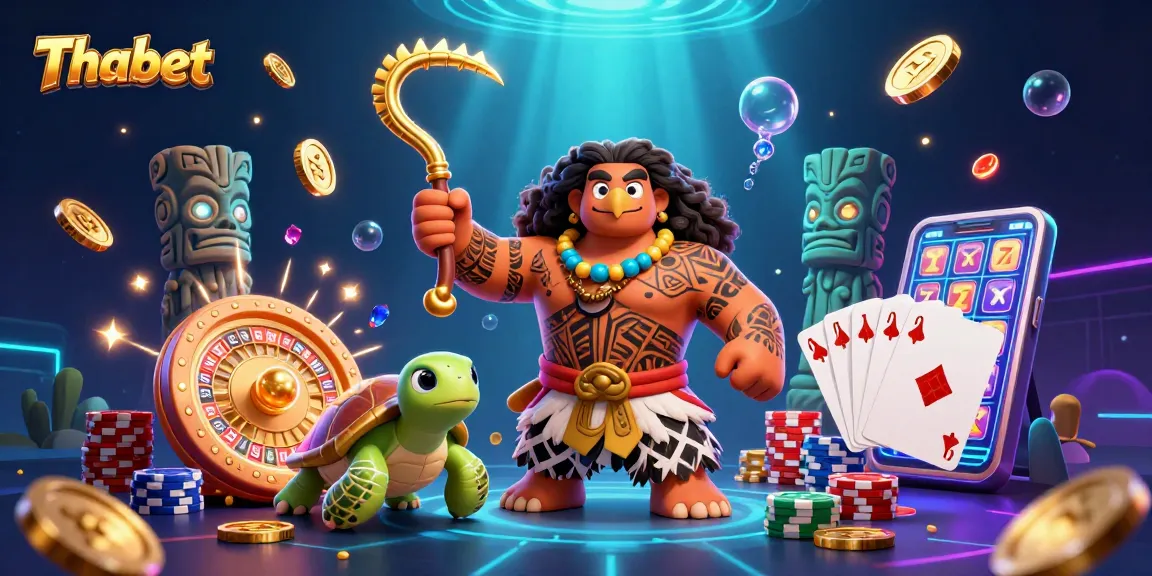 Thabet showcases vibrant games and high-stakes thrills with Polynesian characters amidst glimmering treasures.