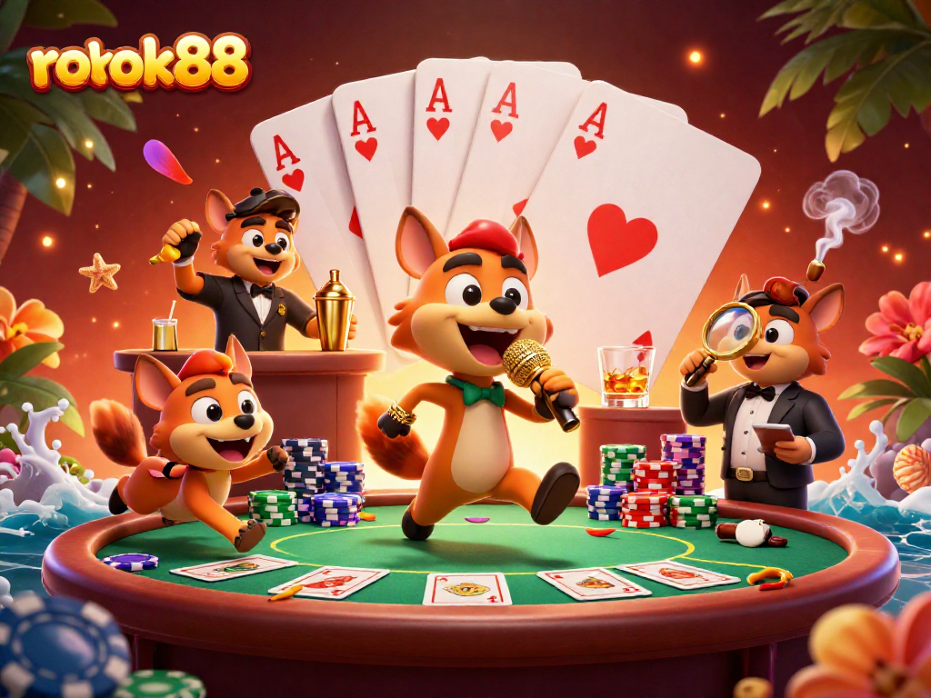 rokok88 showcases a vibrant comedy casino scene with hyenas engaging in fun through gambling activities.