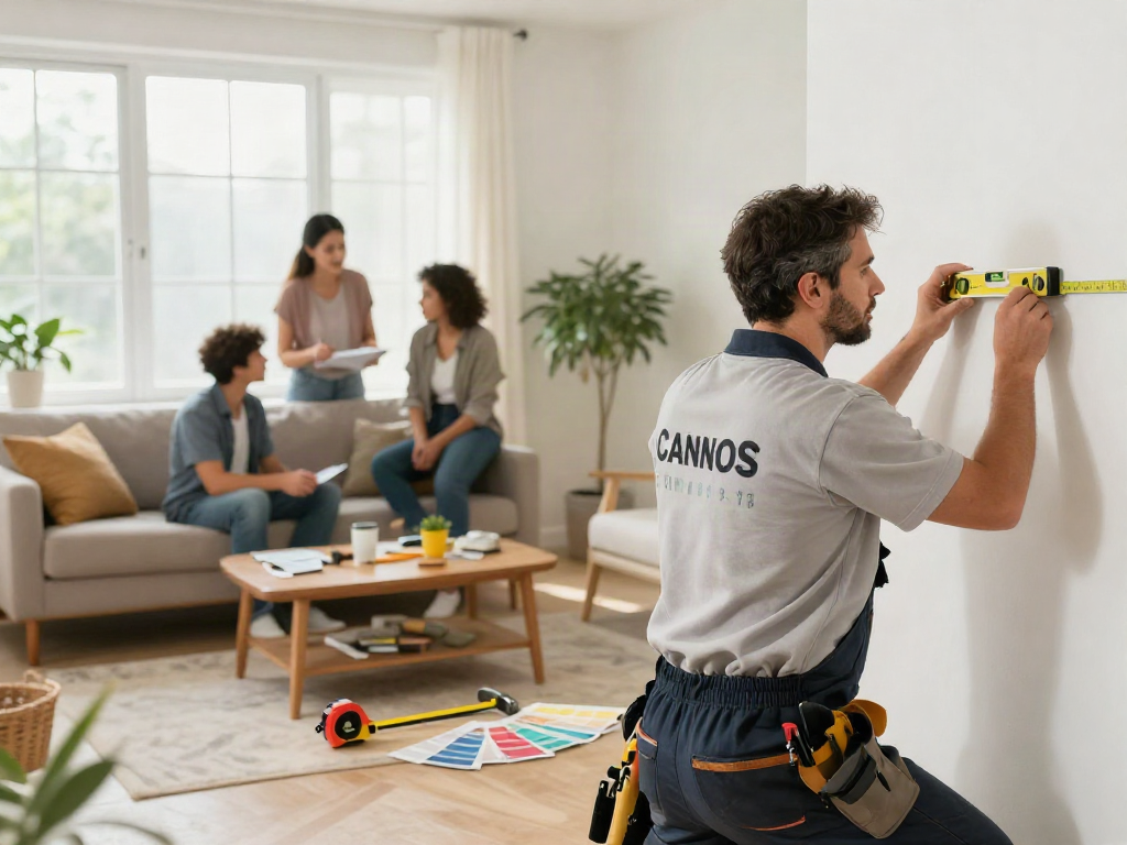 Home repair services Des Moines Iowa showcased in a contractor measuring a wall in a bright living room.