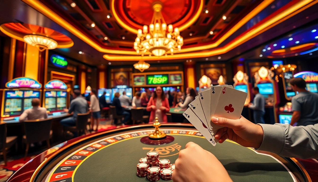 Excited players enjoying various gambling activities at a luxurious 789P casino.