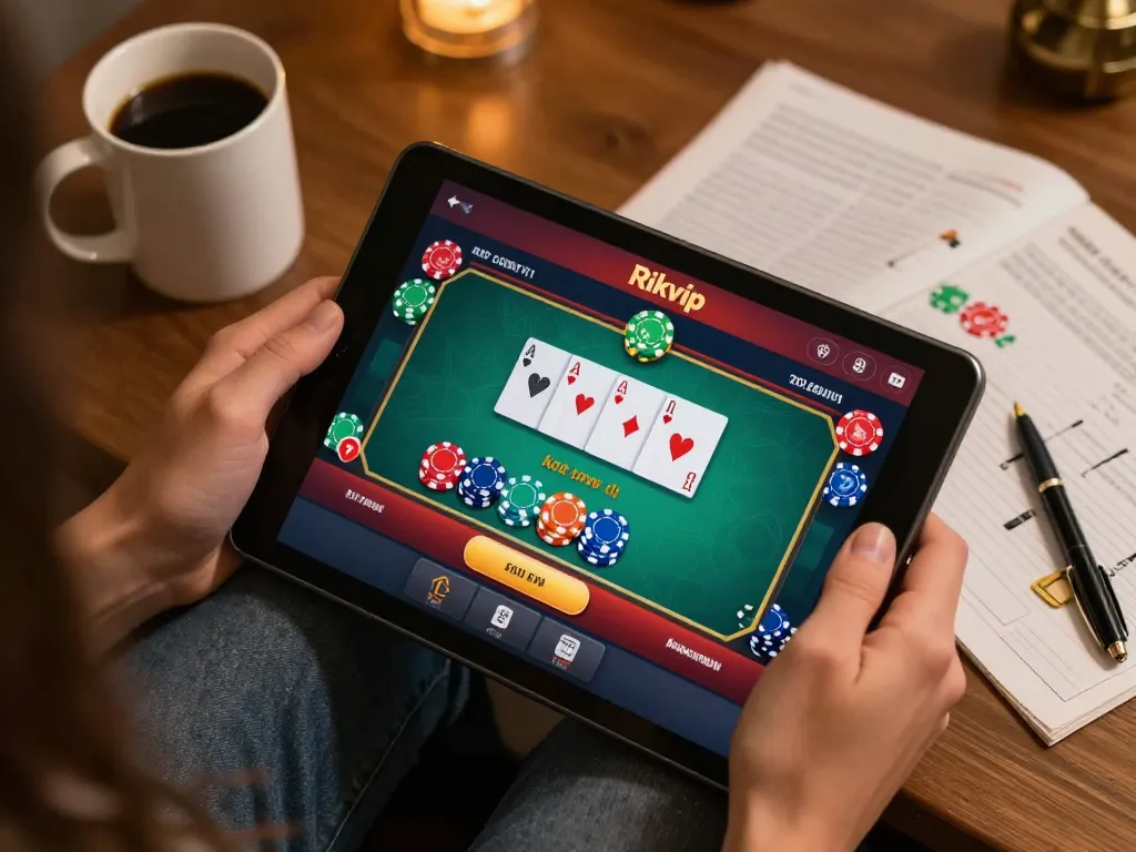 Engaging in a strategic poker game on the Rikvip app, showcasing colorful chips and cards.