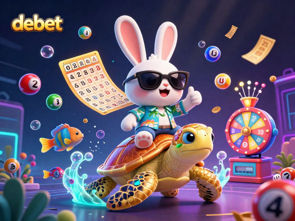 Experience the thrill of debet lottery with a cartoon rabbit and turtle in a vibrant underwater world.
