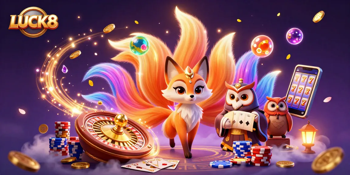 Spin to win with LUCK8, featuring a vibrant casino scene with mystical characters and dynamic elements.
