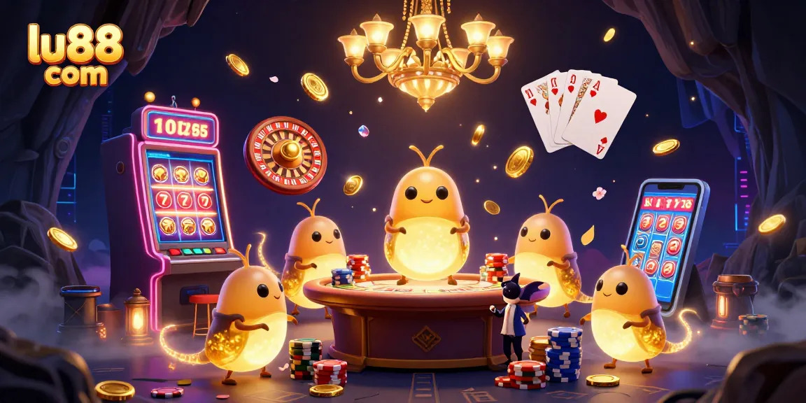 Experience thrilling gameplay at lu88 com with our dazzling casino scene animated by glowworms and vibrant slot machines.