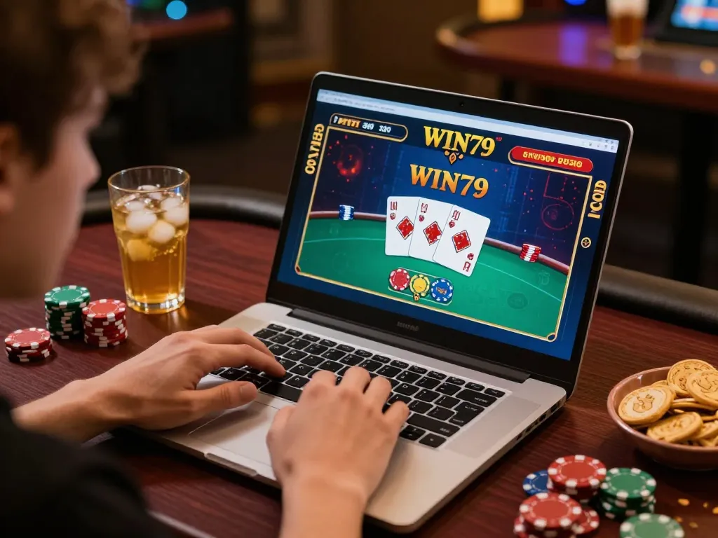 Player engaging with WIN79 online casino, showcasing poker gameplay on laptop with chips visible.