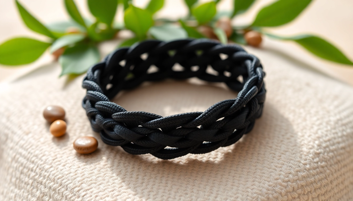 Stilvolles Armband aus schwarzem Stoff (Armband aus schwarzem Stoff), das komplexe Muster und Texturen zeigt.