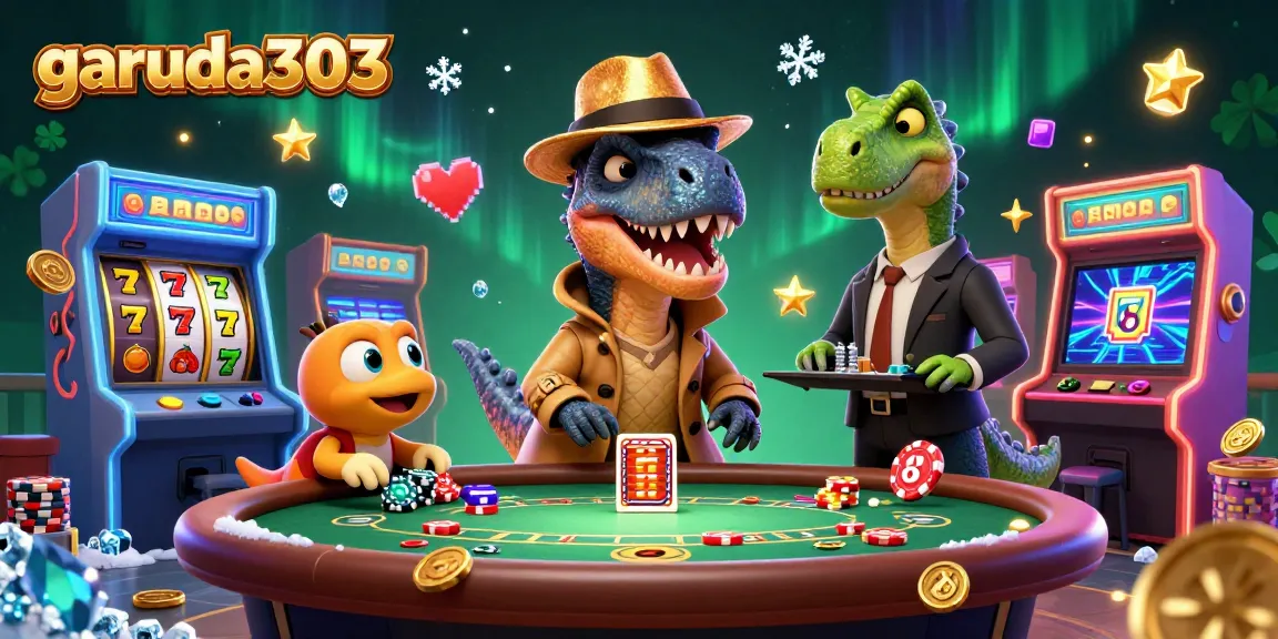 Garuda303 highlights a daring velociraptor card counter amid vibrant slot reels and arcade games.