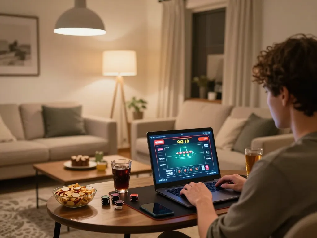 Engaged in online gambling at home with FLY88 platform, showcasing poker gameplay and strategic setup.