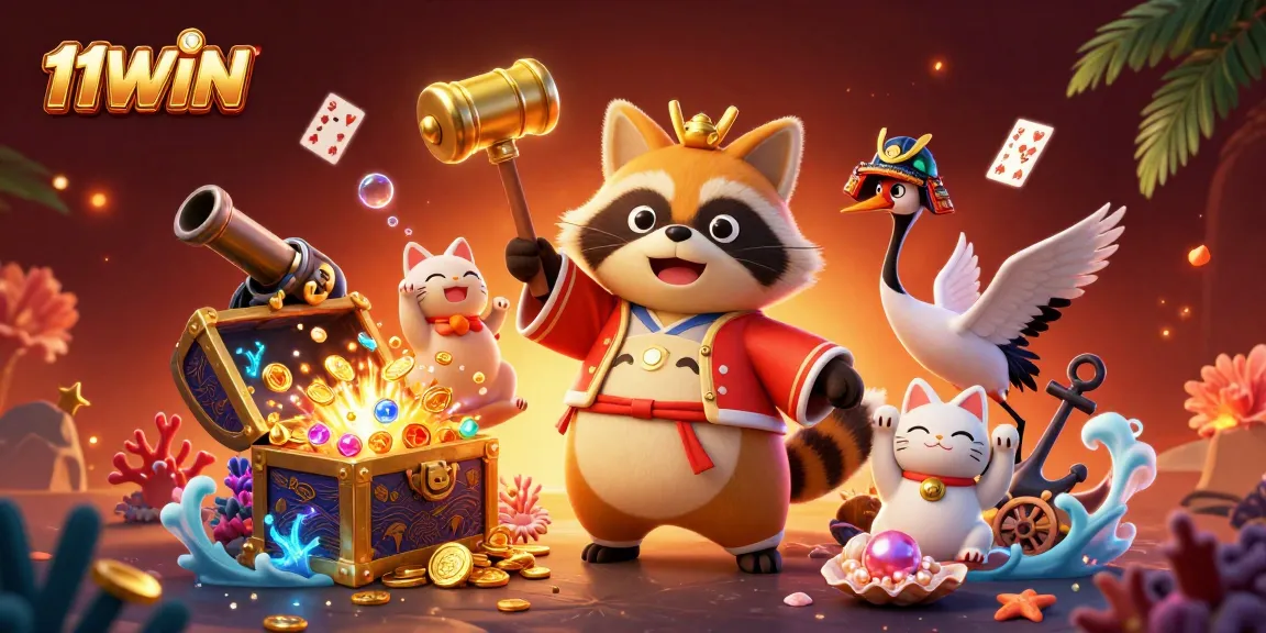 Play with 11WIN and win big with the cheerful tanuki and lucky symbols in this immersive 3D illustration.
