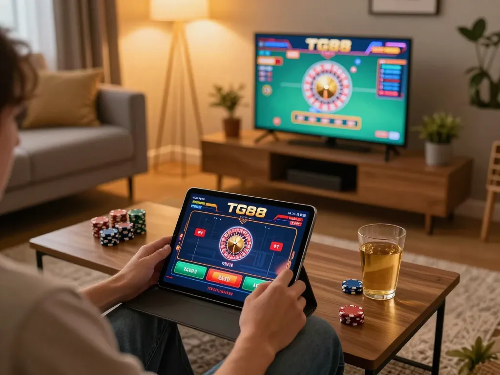 TG88 player enjoying an engaging online casino experience on a tablet in a cozy living room setting.