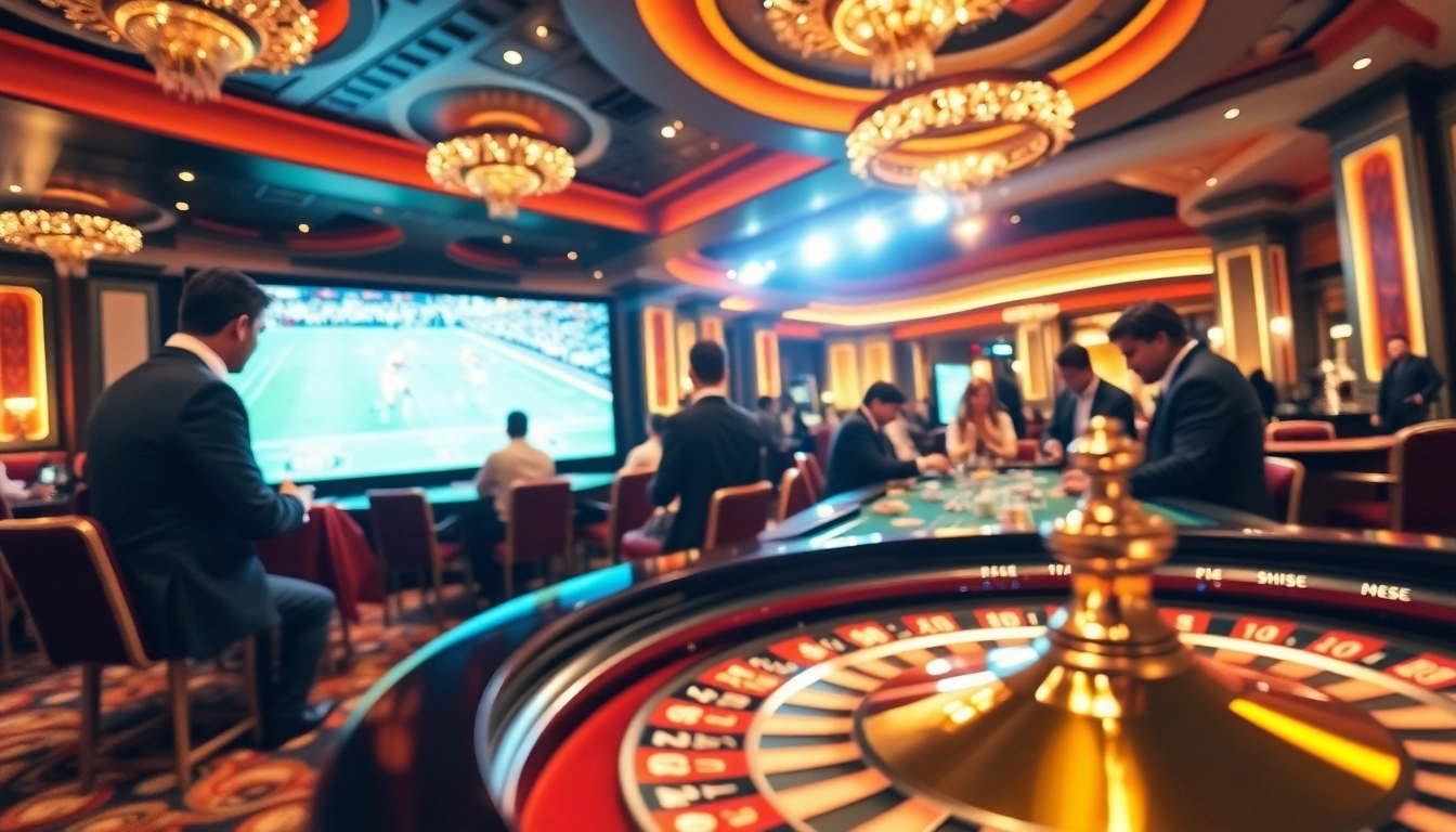 Watch trực tiếp bóng đá in a luxurious casino setting with vibrant poker action and exciting sports on screen.