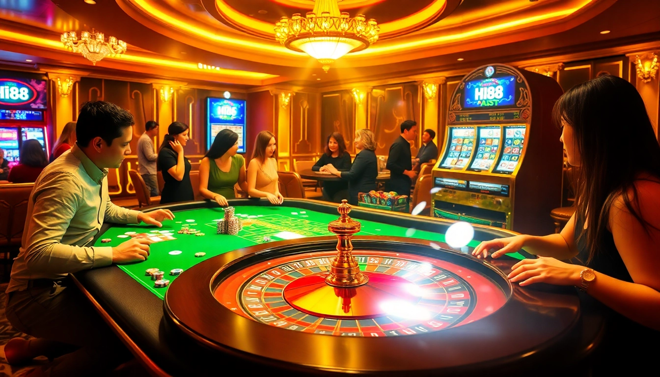 Hi88 casino scene with players enjoying games at vibrant tables, showcasing excitement and luxury.