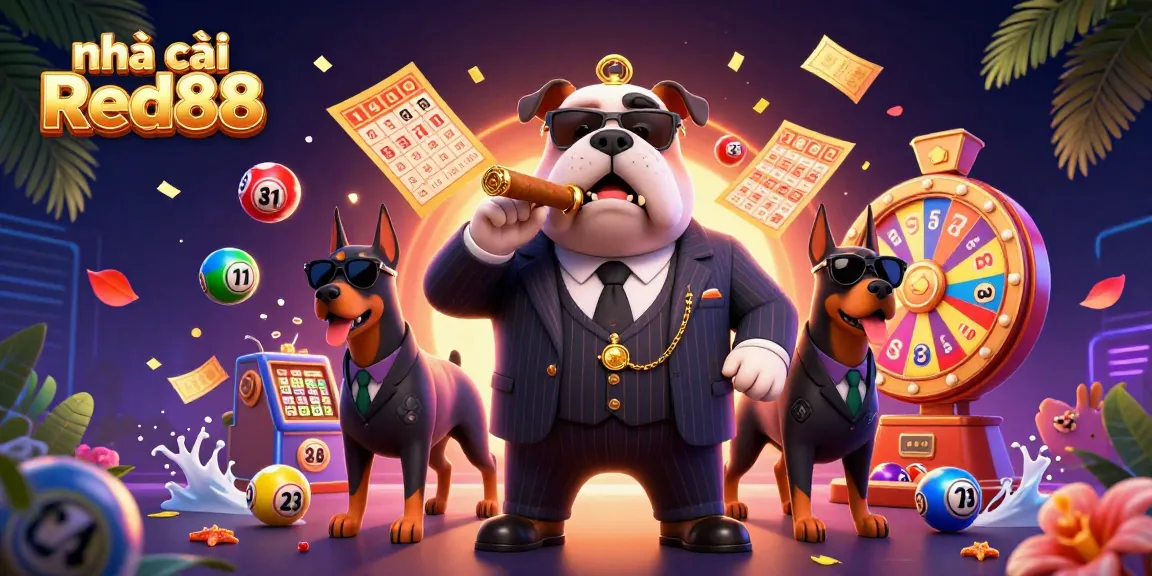 Action-packed scene featuring nhà cái Red88 with a mafia bulldog and Doberman bodyguards celebrating wins.