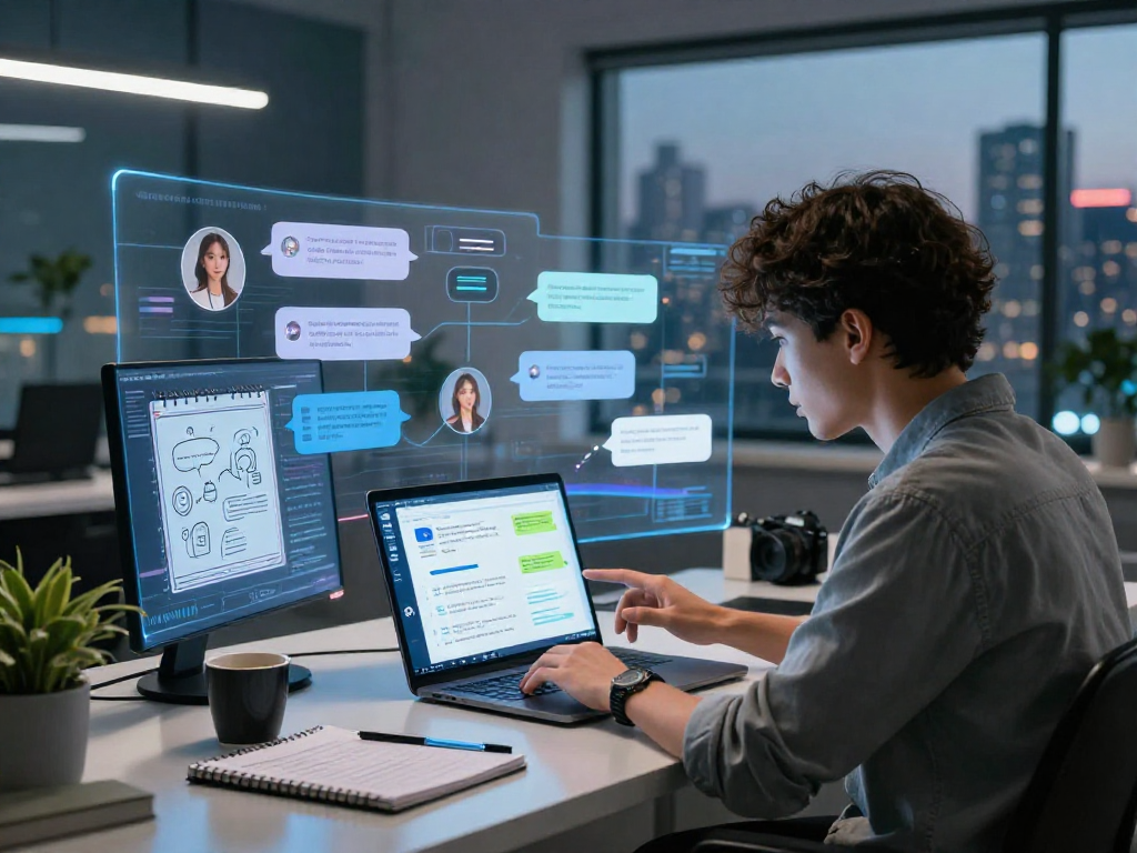 Engaging with juicy chat ai in a modern digital workspace with innovative tech devices.
