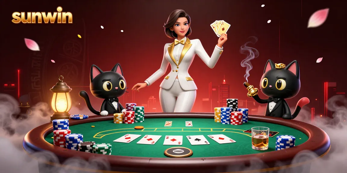Engage with Sunwin's thrilling poker scene featuring a glamorous dealer and playful cat.