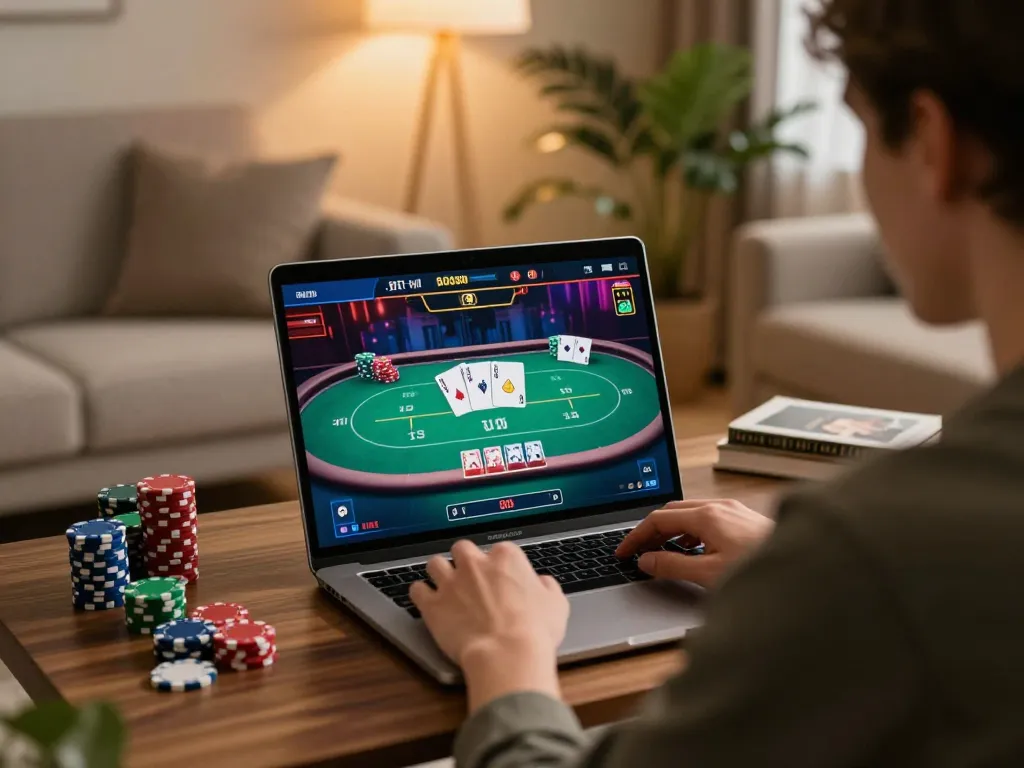 C168 player engaging in immersive online poker experience on a laptop showcasing vibrant game interface.