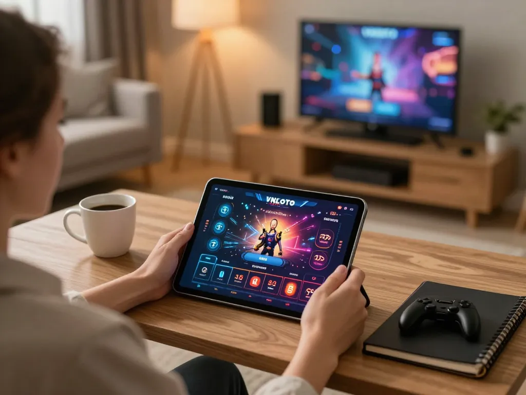 Player navigating the VNLOTO casino app at home, enjoying a safe and engaging gaming experience.