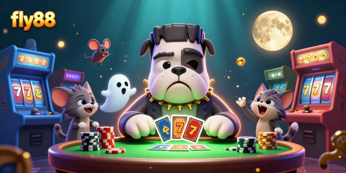 Engage with fly88 as a cartoon bulldog deals cards at a spooky casino table, surrounded by slot game elements.