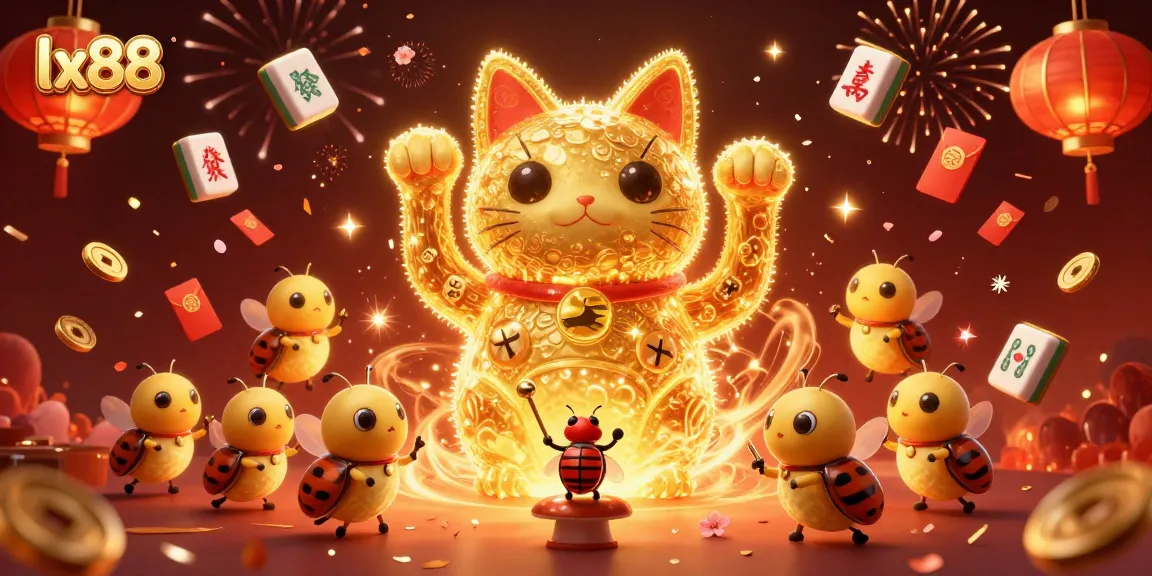 Experience winning with lx88's golden lucky cat among casino delights, showcasing vibrant gaming elements.