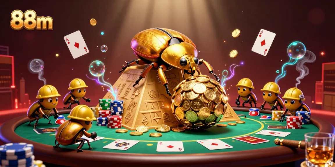 Experience the excitement of 88m with golden beetles rolling coins in a vibrant casino scene.