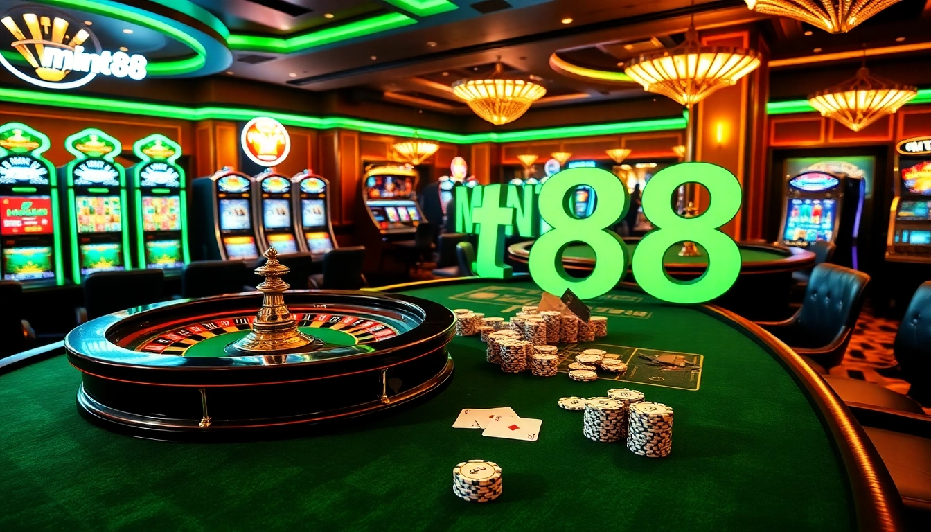 Experience the thrill of mint88 at an upscale casino table filled with vibrant poker chips and roulette wheels.