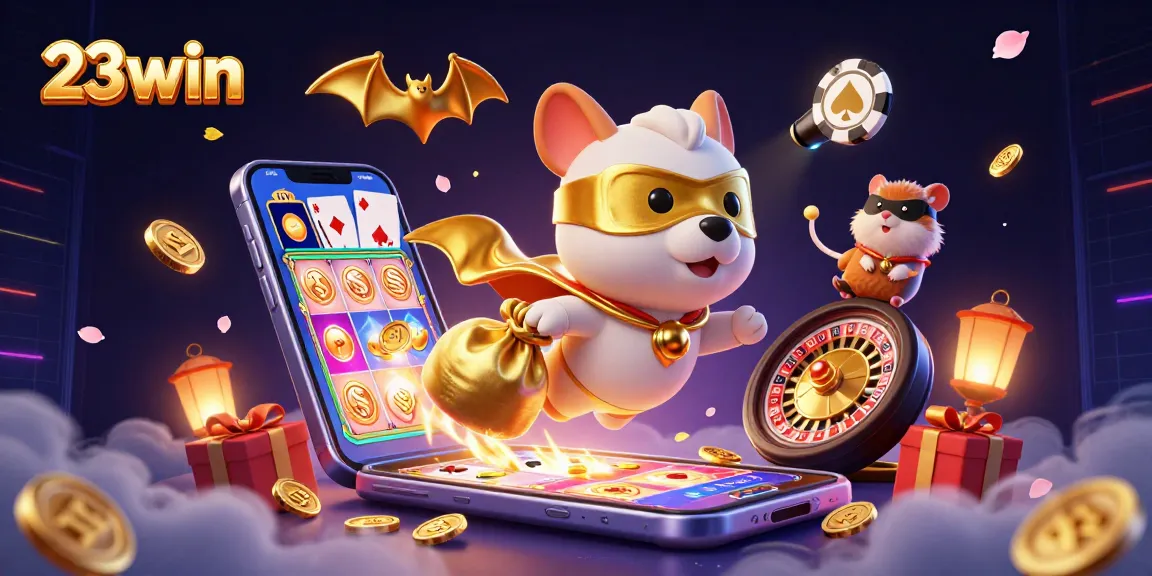 Experience thrilling game night with 23win's cartoon characters amidst golden coins and slots!