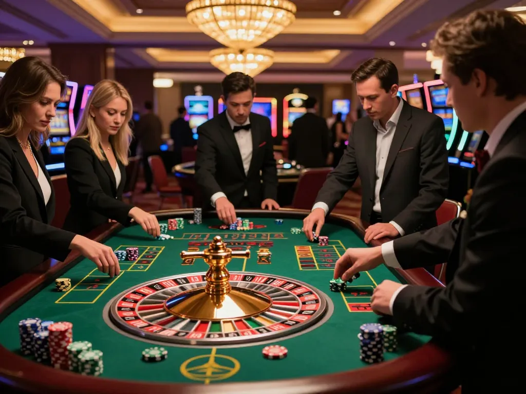 Engaging moment at the roulette table where players assess kèo nhà cái, vibrant chips and spinning wheel add excitement.