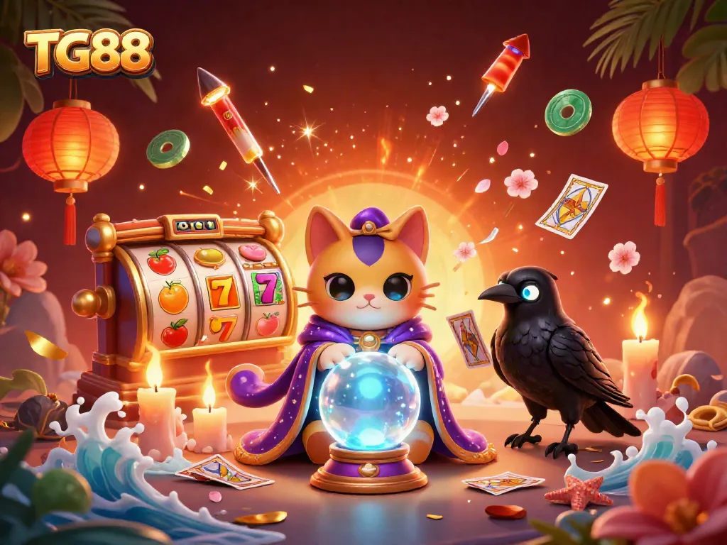 Experience TG88's vibrant slots through a mystical scene featuring fortune teller cat and tarot raven.