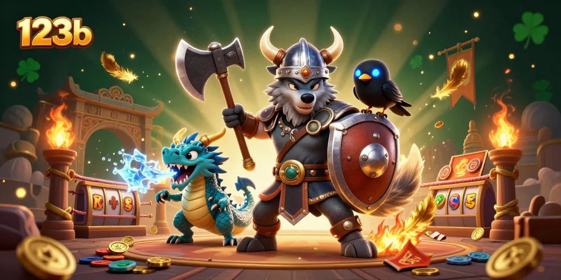 Engage with thrilling gaming at 123b, showcasing a Viking wolf warrior and magical elements in a dynamic casino scene.