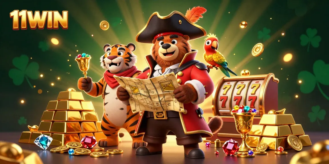 Engage with 11WIN's thrilling casino adventure featuring vibrant pirate characters and golden treasures.