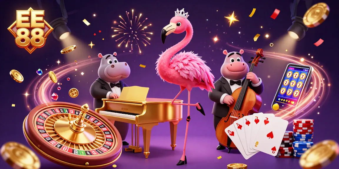 Experience the thrill of EE 88's vibrant casino illustration featuring dazzling elements like golden coins and a roulette wheel.