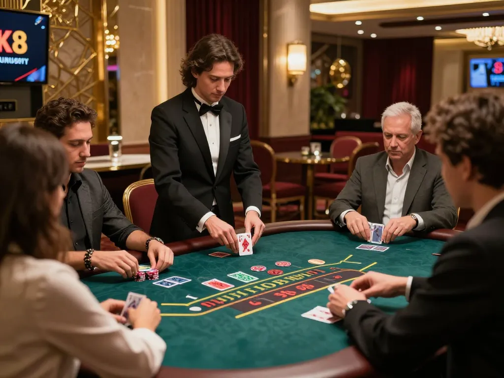 Players enjoying blackjack at LUCK8, showcasing exciting casino atmosphere and interaction.