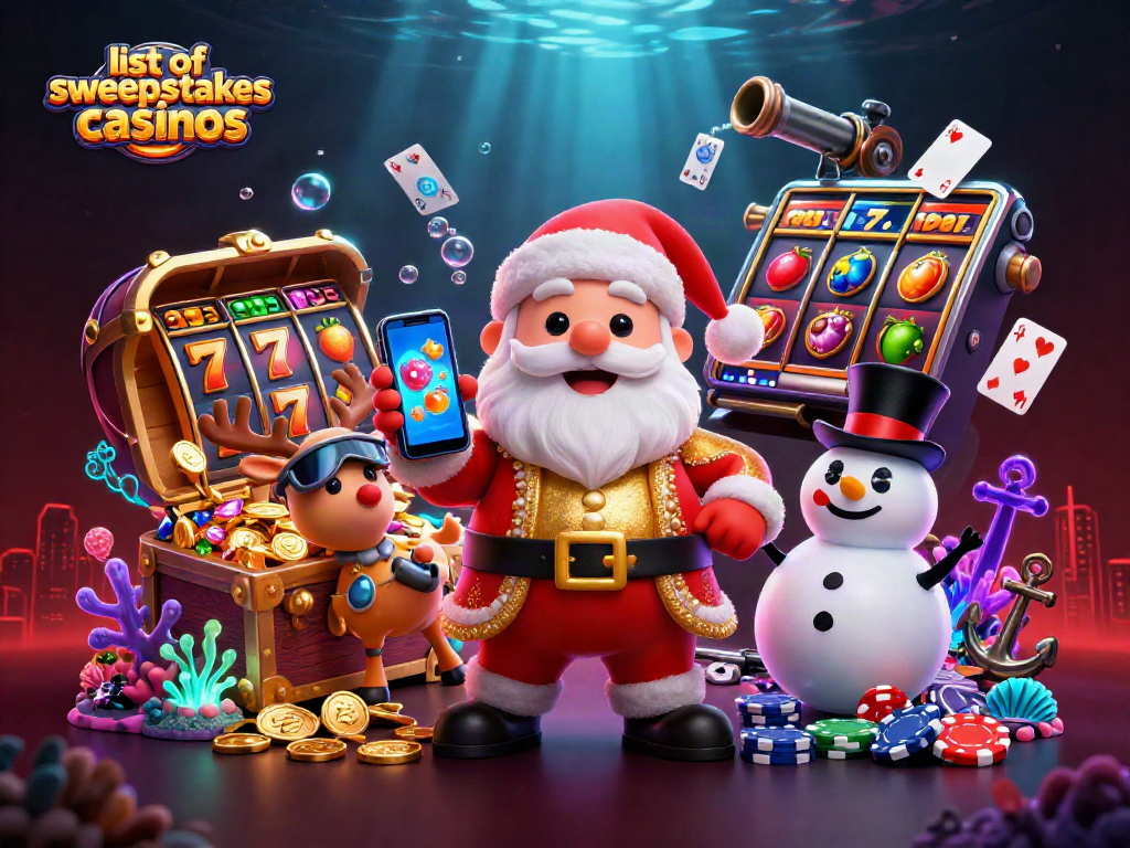 Engage with the list of sweepstakes casinos in a vibrant 3D scene featuring Santa and friends.