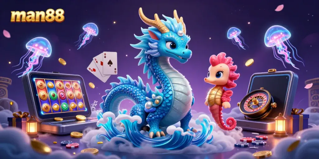 Experience the excitement of gaming with man88, featuring a dragon, seahorse knight, and vibrant casino elements.