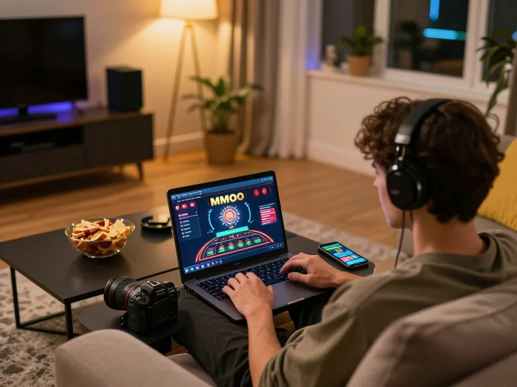 Engaging online casino gameplay on MMOO shown on a laptop in a cozy home setting.